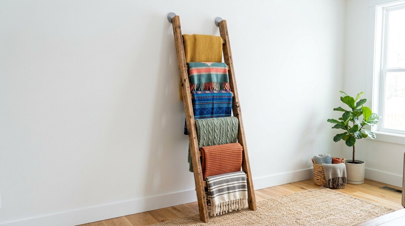 A decorative wooden ladder leaning against a white wall holding six various colorful blankets.