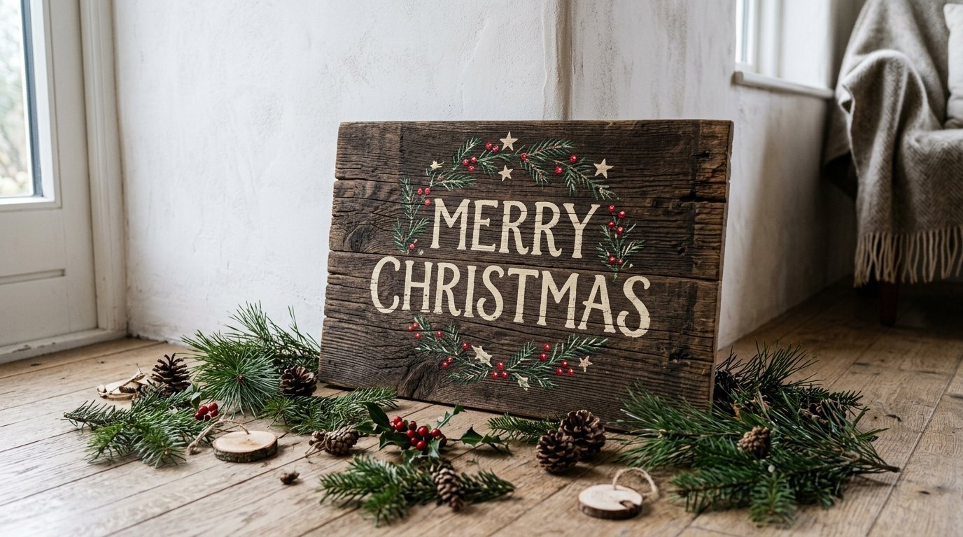 A wooden plank sign featuring a painted wreath and Merry Christmas text sitting on a hardwood floor with pine needles.