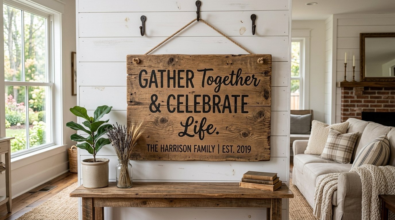 A decorative wooden sign reading Gather Together and Celebrate Life hung on a white wall above a wooden console table.