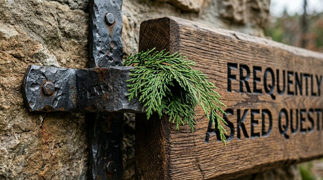 A rustic wood plank sign with carved text bolted to a textured stone wall with a small sprig of evergreen tucked into metal.