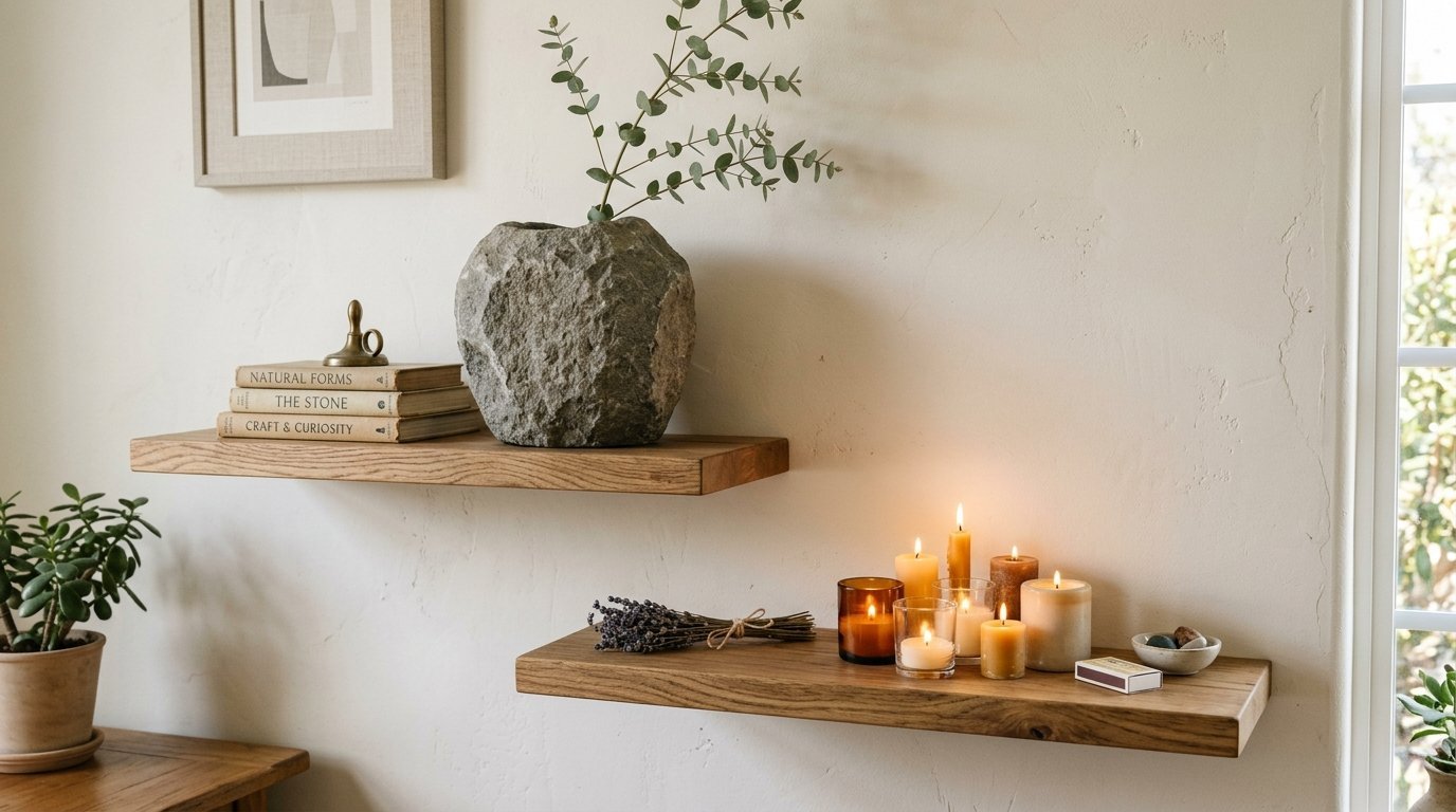 Floating shelves styled with a stone vase, books, dried lavender, and glowing candles against a white wall.