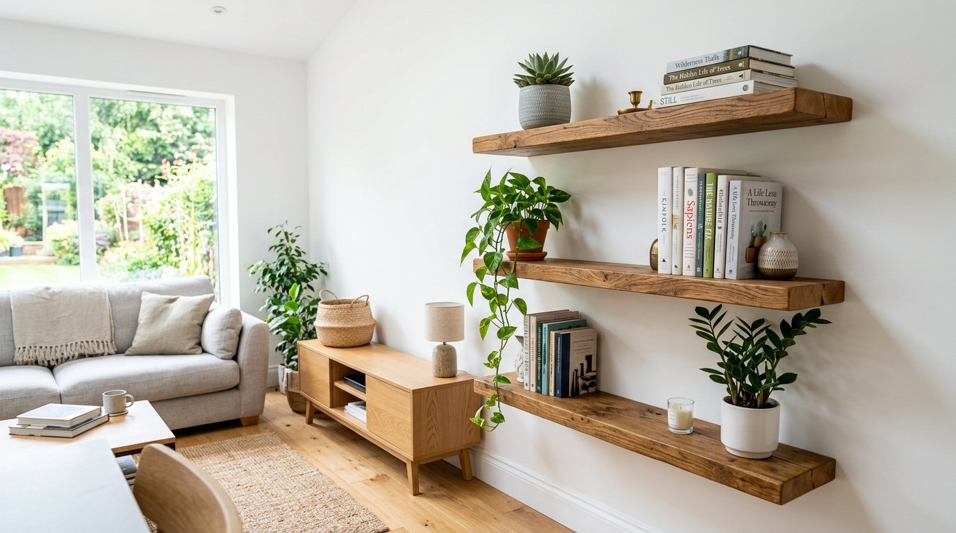 Three tiered oak shelves mounted on a white wall styled with books, candles, and trailing green plants.