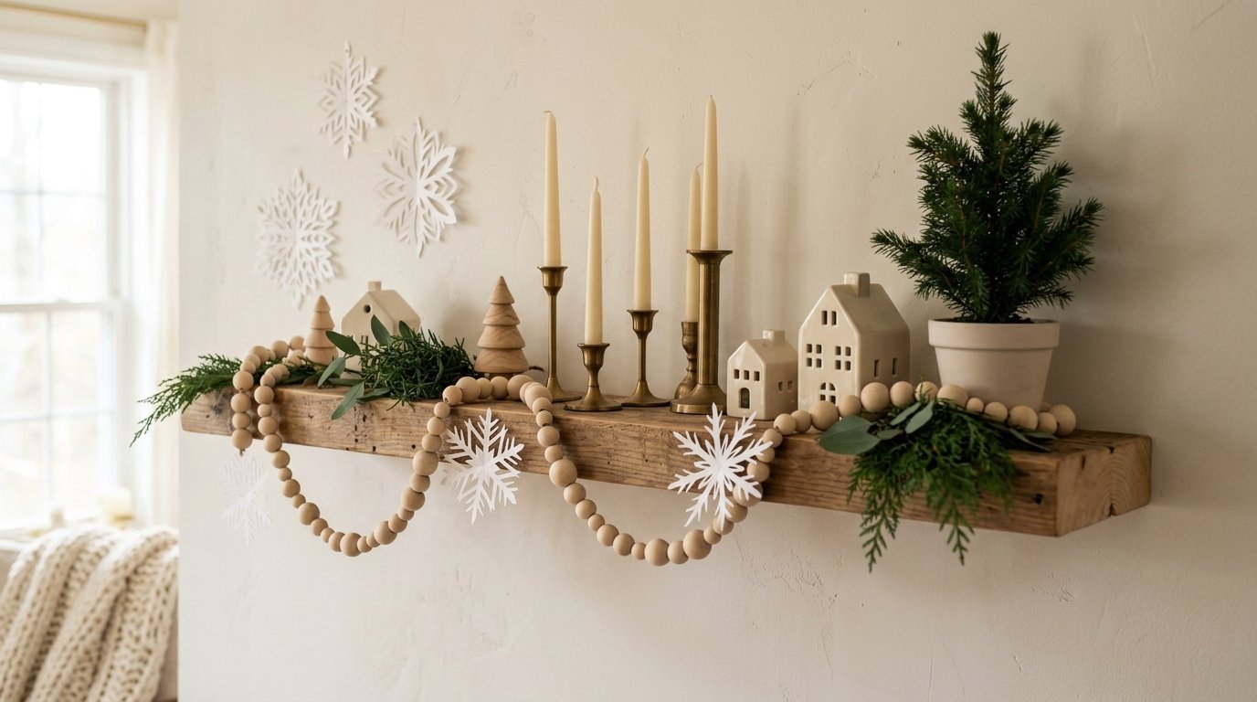 Wooden floating shelf styled with white paper snowflakes, ceramic houses, and a small evergreen tree.