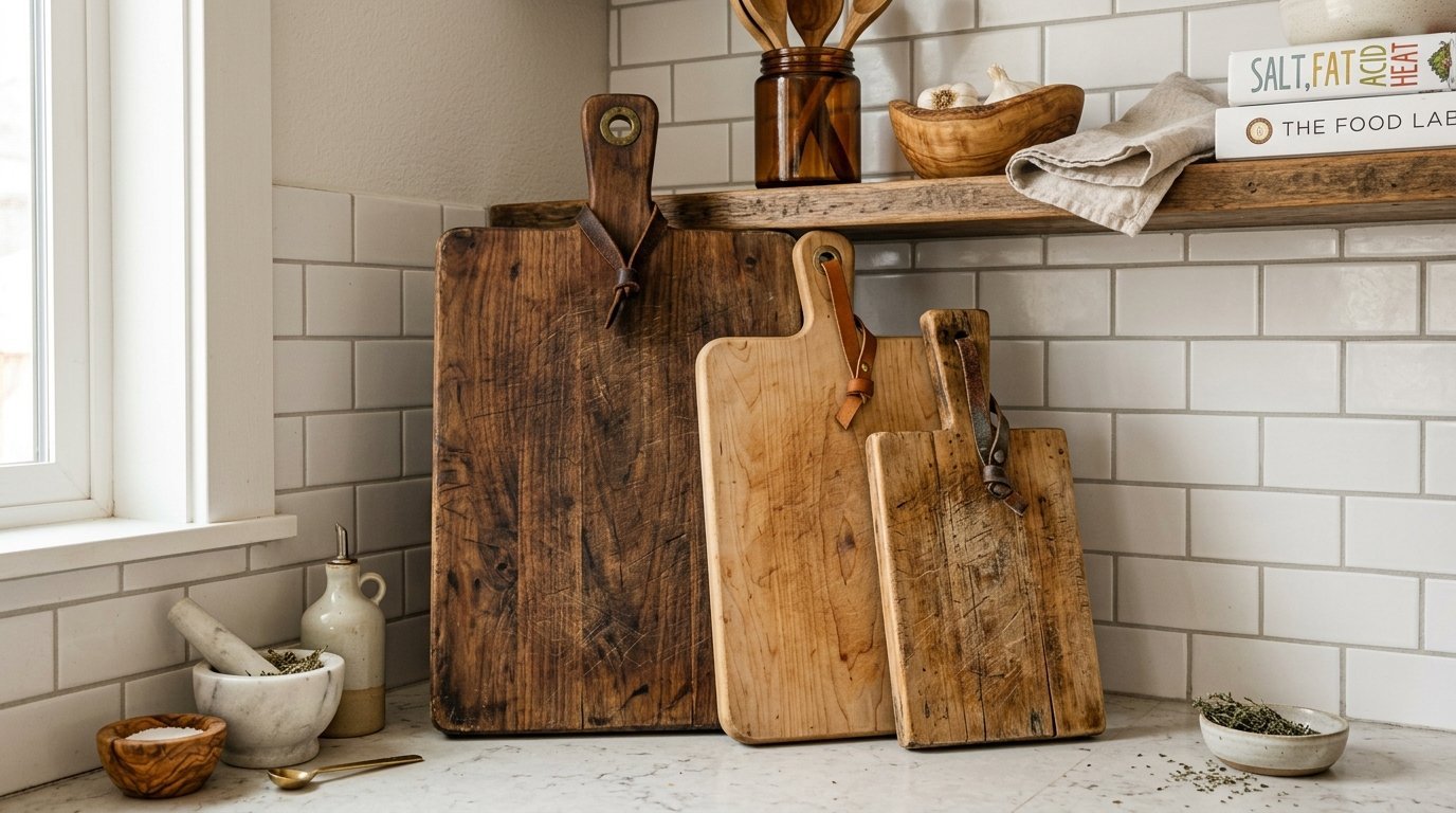 Collection of three antique and modern wood cutting boards arranged on a marble countertop in a farmhouse kitchen.