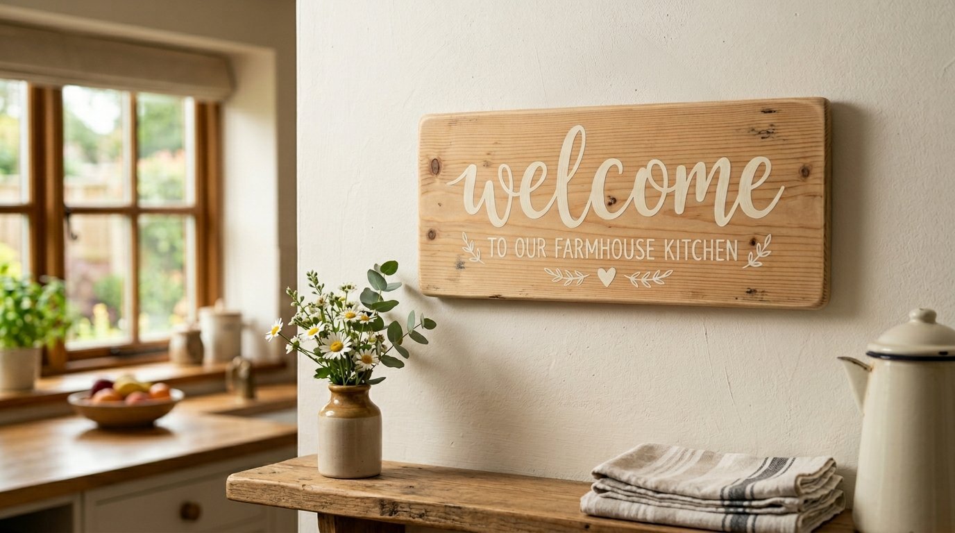 A rustic wooden sign reading welcome to our farmhouse kitchen hung on a wall above a wooden shelf with a vase of flowers.