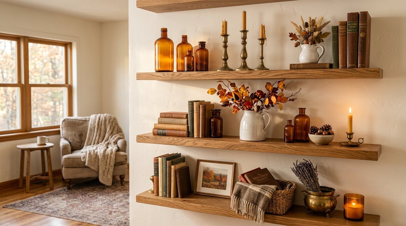 Three wooden shelves holding autumn-themed decor, including candles, dried botanicals, and antique books.