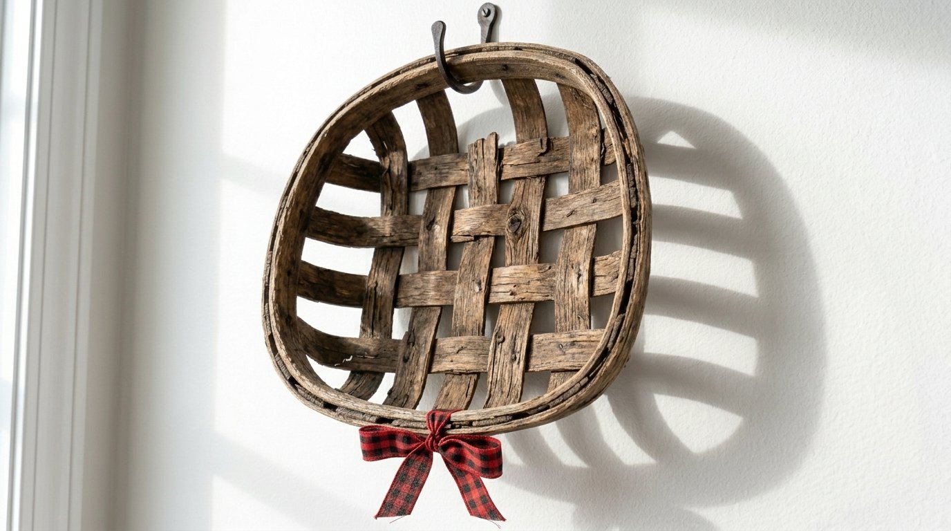 An antique wooden basket with a small buffalo check bow hanging from a metal hook on a white wall.