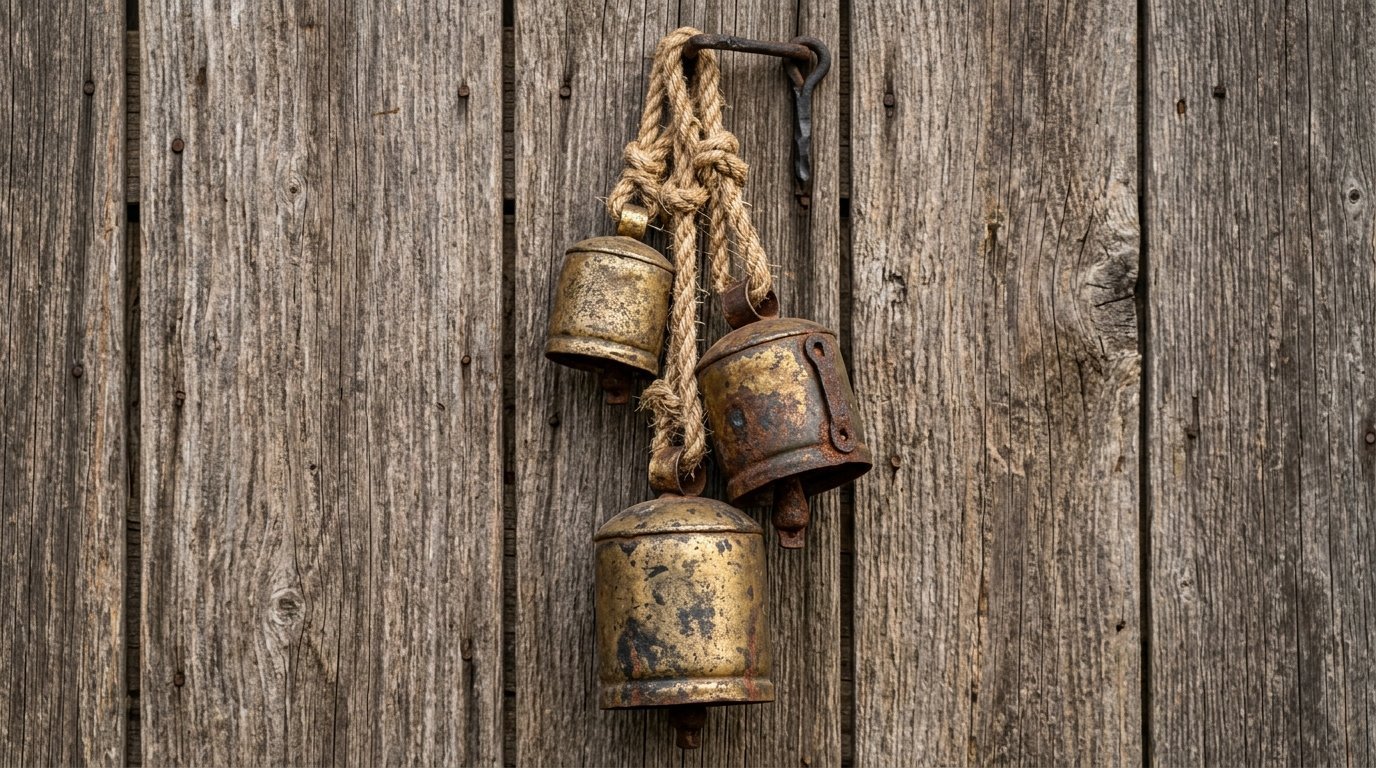 Group of three tarnished brass-colored rustic bells tied together with jute rope hanging on old vertical wood planks.