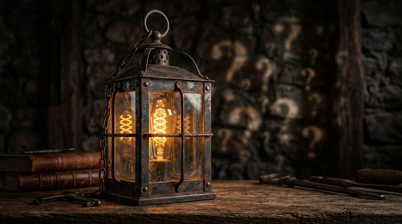 An aged metal lantern with a bright filament bulb sits on a wooden table beside antique books.