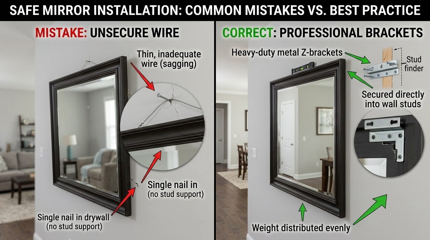 Infographic showing a mirror hanging on a single nail versus a professionally installed mirror using metal Z-brackets.