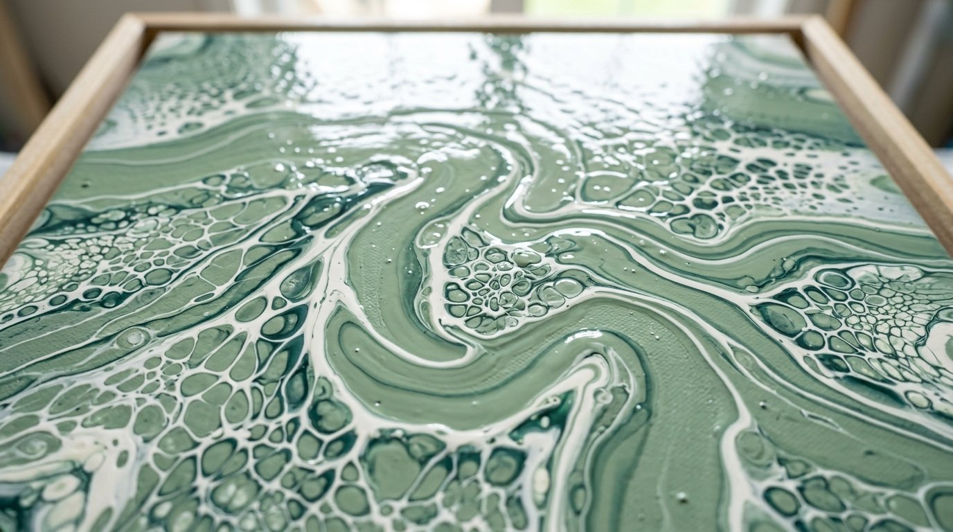 Close up of an abstract canvas with wavy green paint patterns and white cell structures in a wooden frame.
