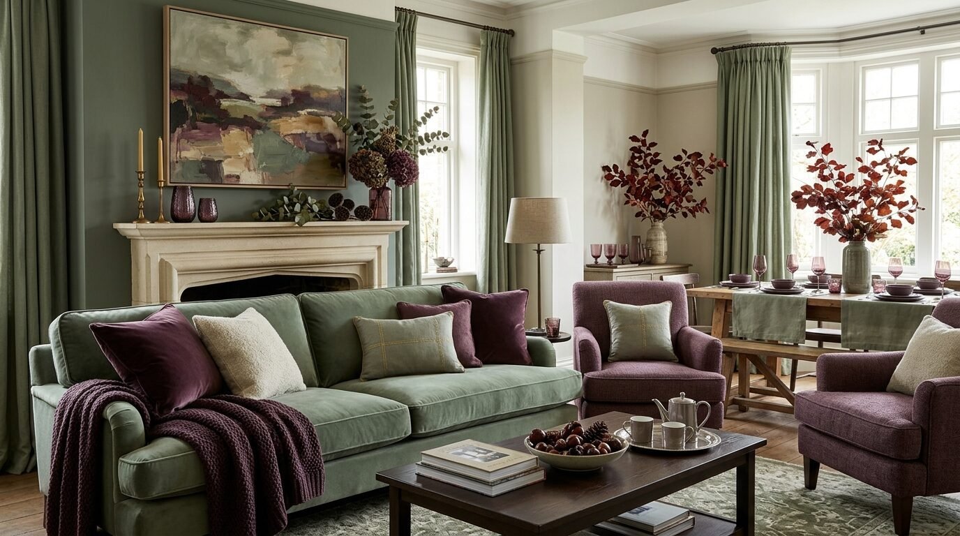 A sage green sofa with plum cushions and matching armchairs arranged in a stylish, nature-inspired living space.