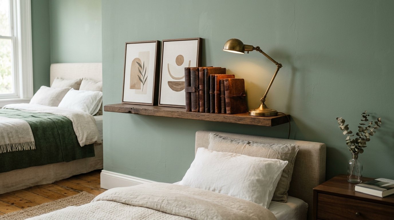 A rustic wooden shelf holding leather-bound books and a lamp mounted on a sage green wall above a bed.