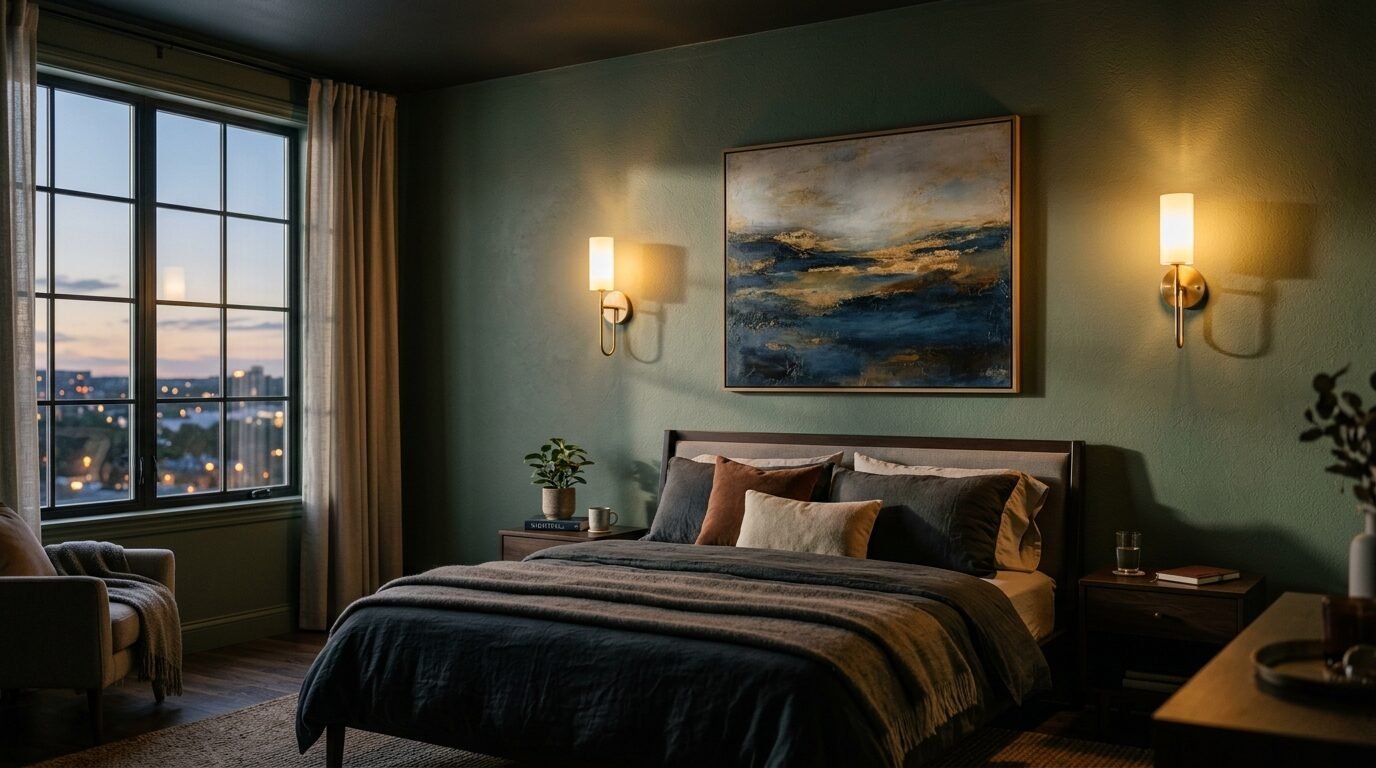 Cozy bedroom with sage green walls, abstract landscape painting, and gold wall sconces at sunset.