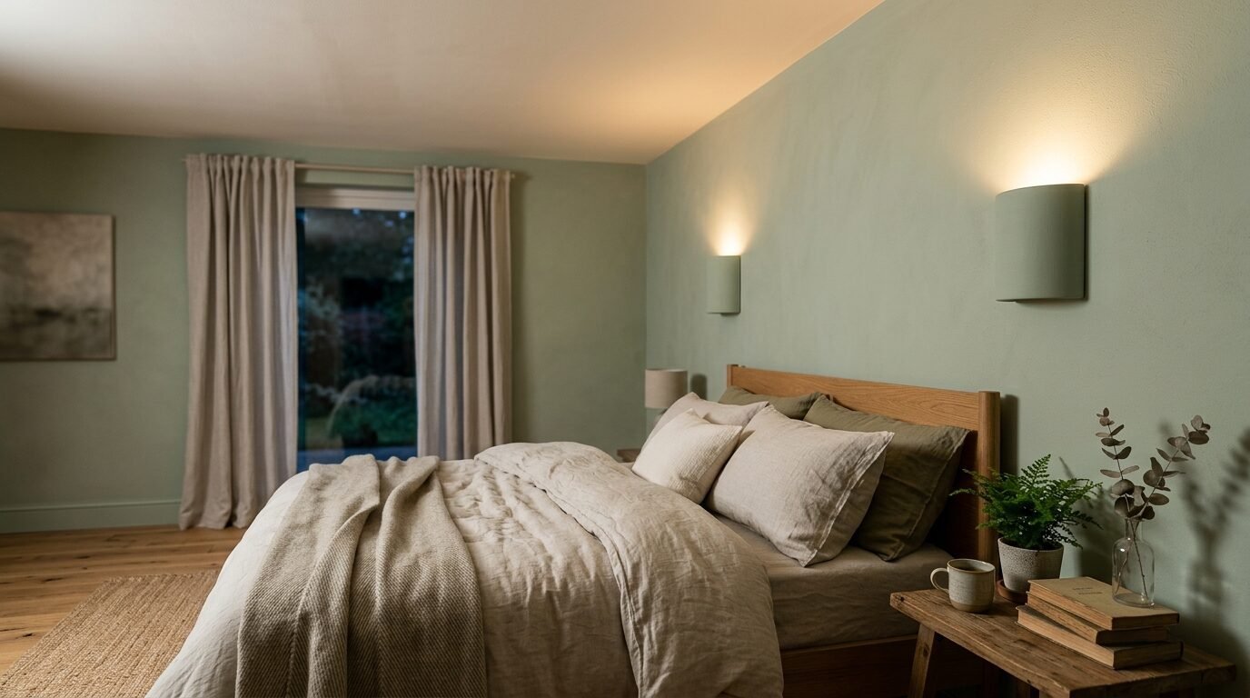 A tranquil bedroom with sage green walls, oak bed frame, linen bedding, and soft ambient wall lighting.