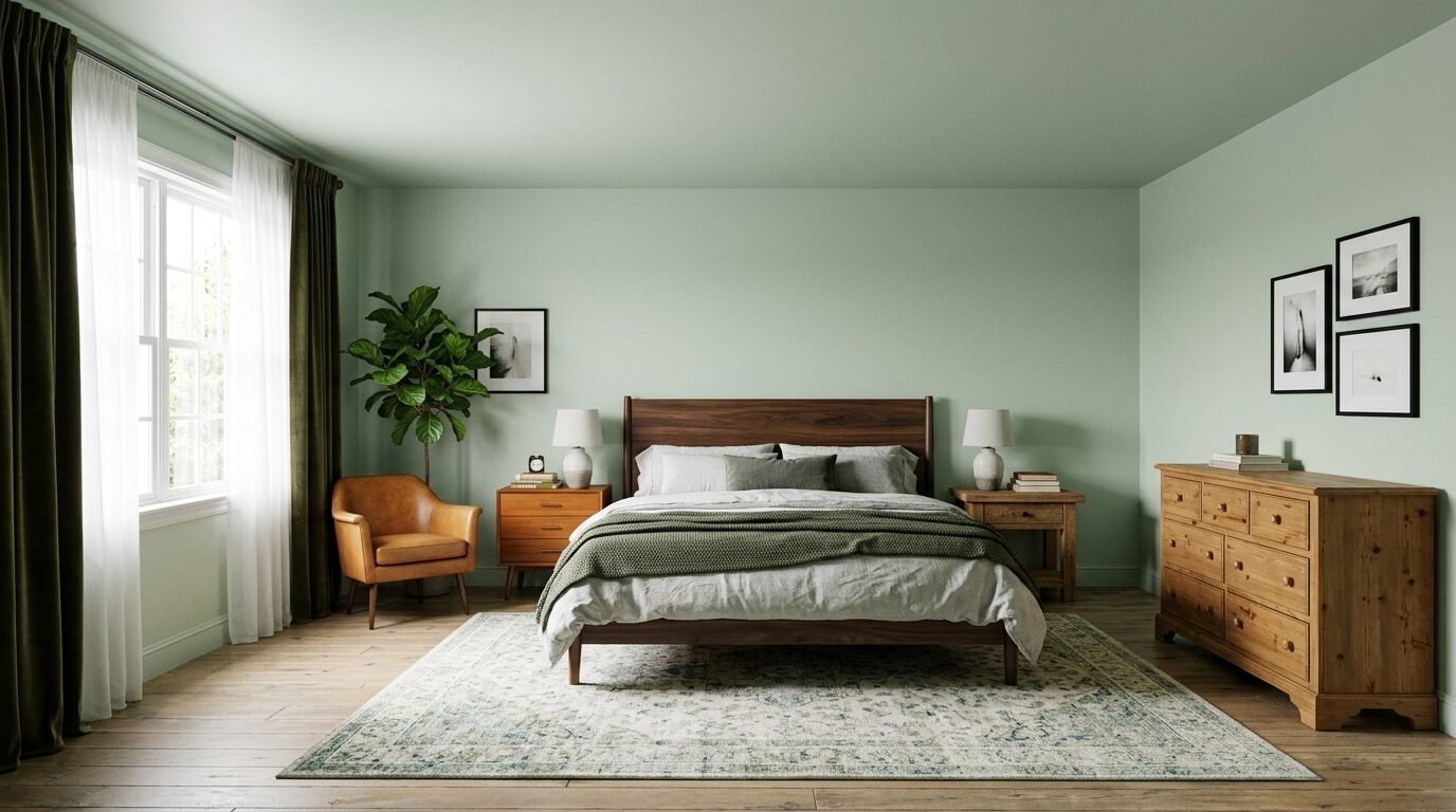 Modern bedroom with sage green paint, a wooden bed frame, leather armchair, and a patterned area rug.