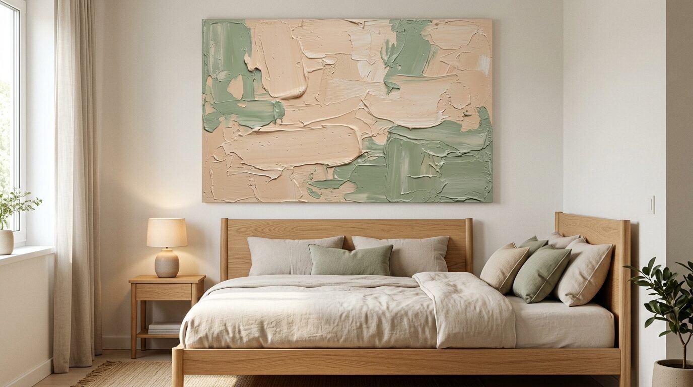 Textured palette knife oil painting with green and cream blocks hanging above a wooden bed in a minimalist bedroom.