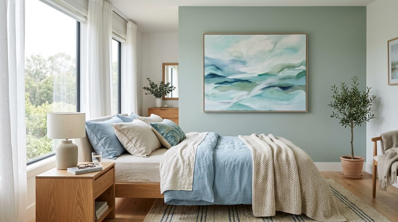 A serene bedroom featuring sage green walls, light oak furniture, and calming blue bedding with a large coastal painting.