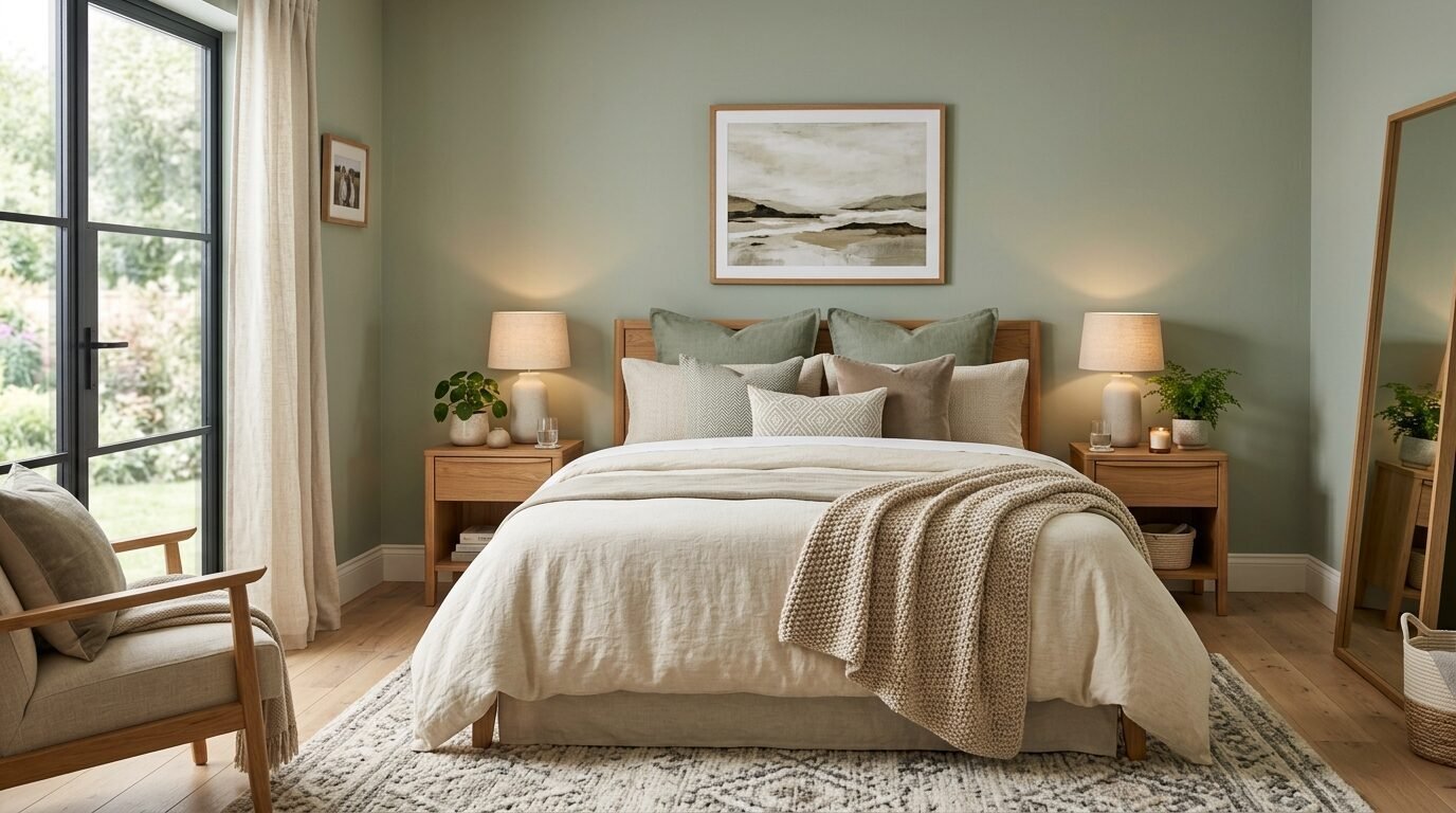 Modern bedroom with oak bed frame, neutral linens, layered pillows, and bedside lamps against soft green walls.