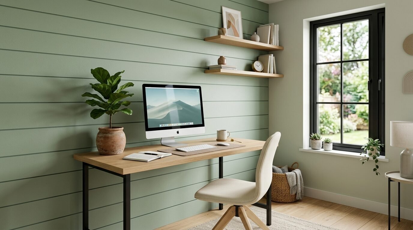 Modern desk workspace featuring a computer, fiddle leaf fig plant, and wooden shelving against a green paneled wall.