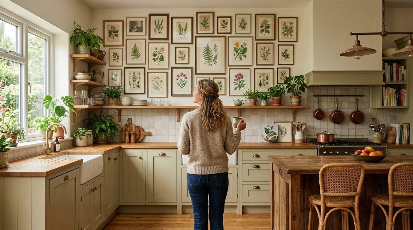 A woman stands in a green country kitchen with walls decorated by a large grid of vintage botanical art prints.