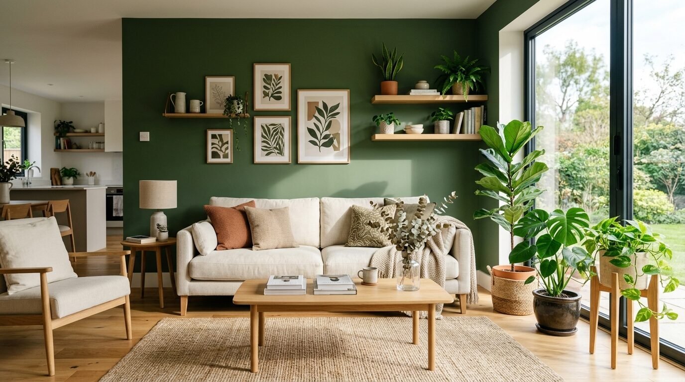 A cream-colored sofa sits in a living room featuring an olive green wall, botanical art prints, and potted houseplants.