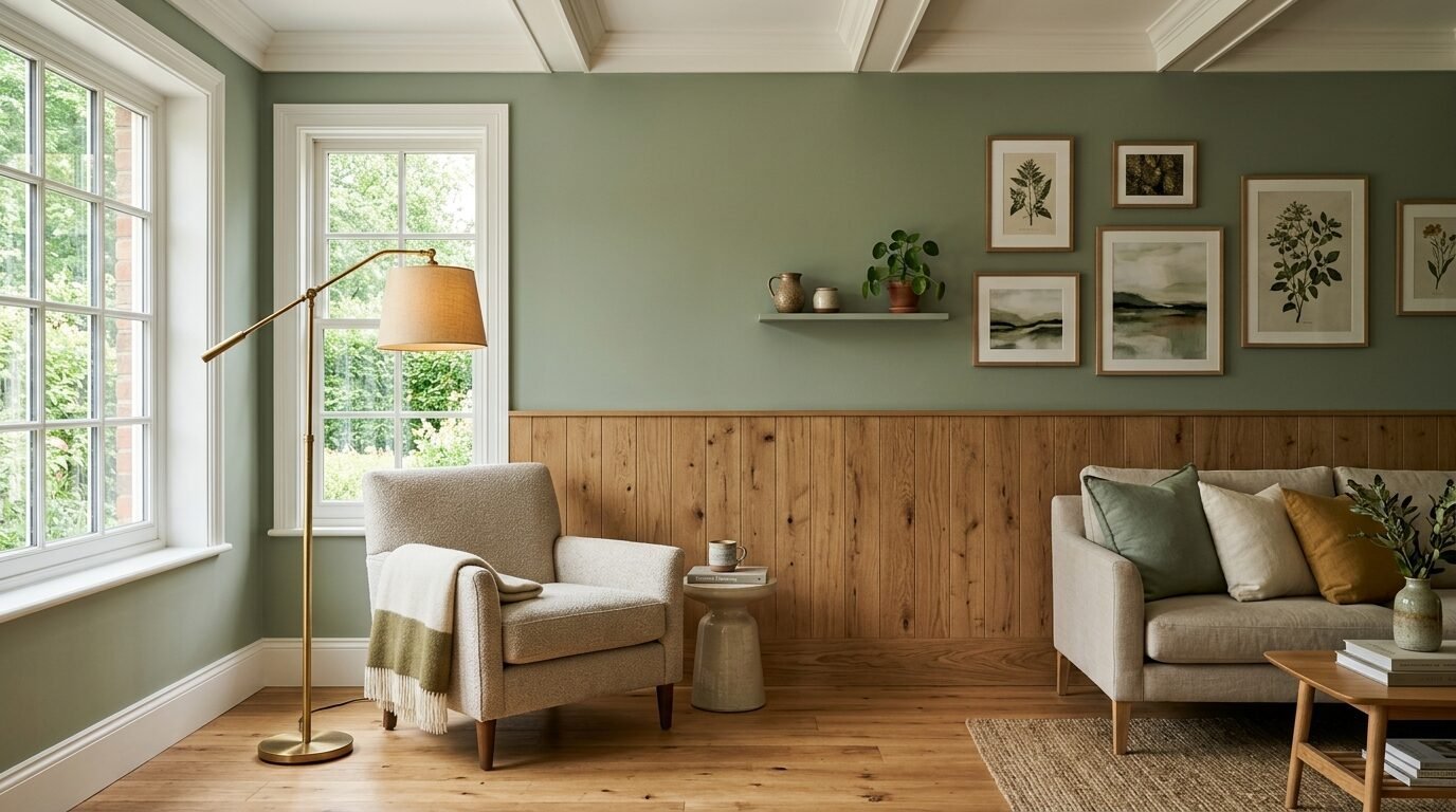 A sage green wall with wood paneling, a beige armchair, and a sofa with decorative throw pillows.