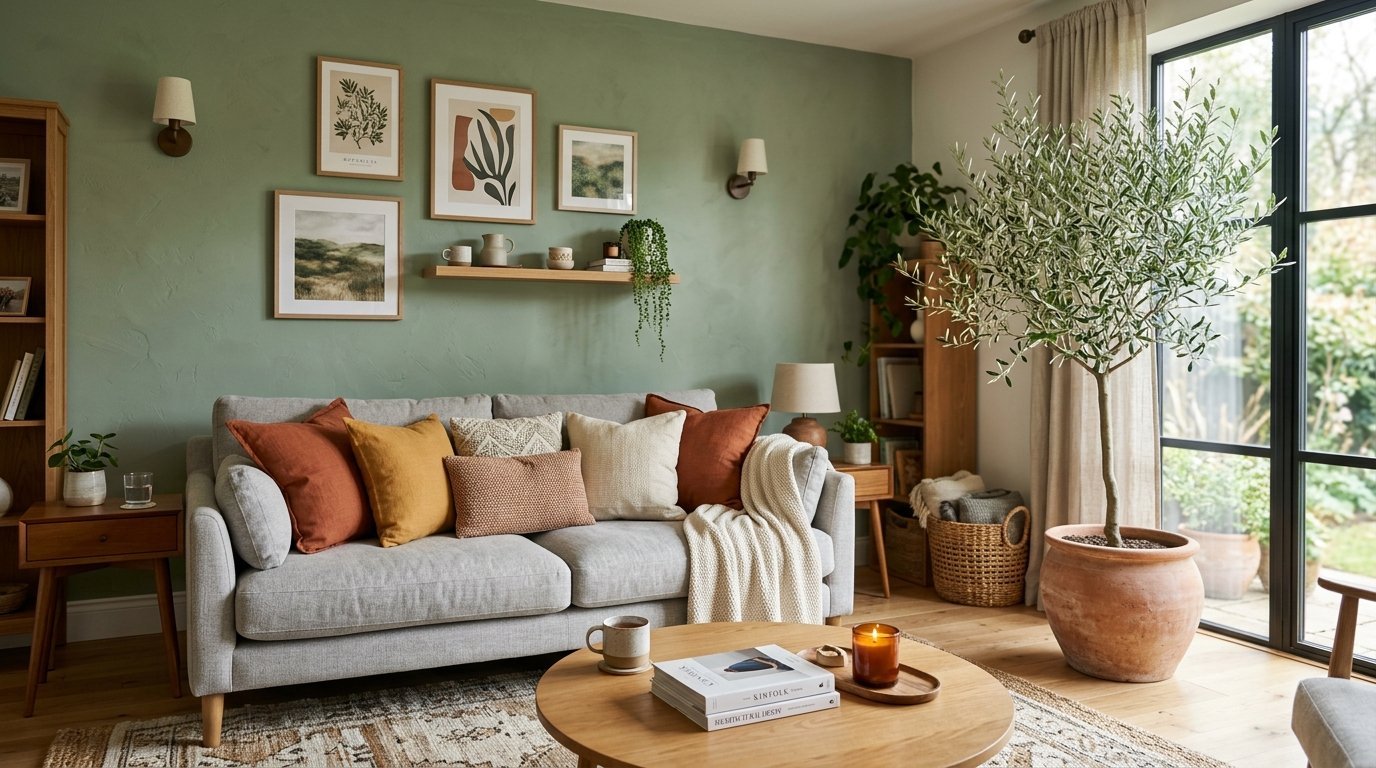 A grey couch with orange and neutral pillows in a room with green walls and a large potted olive tree.