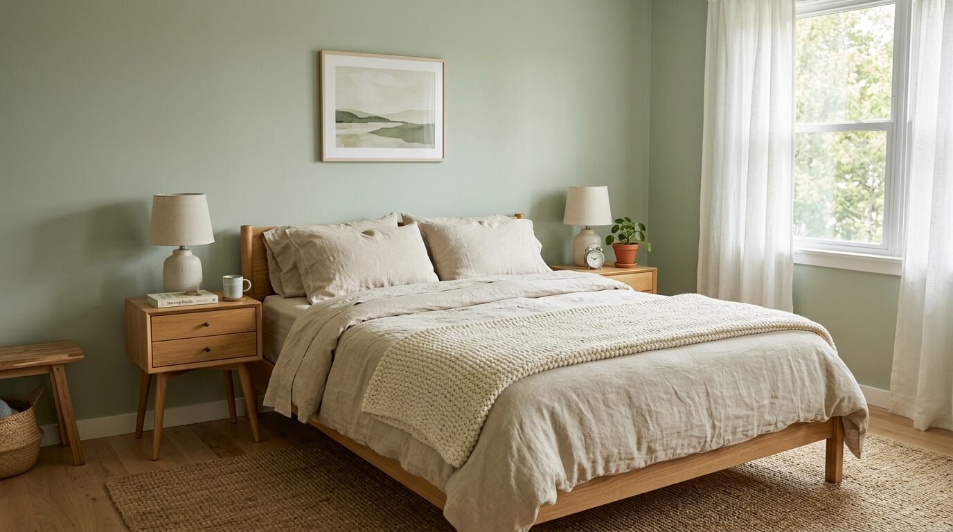 Modern bedroom featuring a light wood bed, linen bedding, and sage green walls with a landscape art print.
