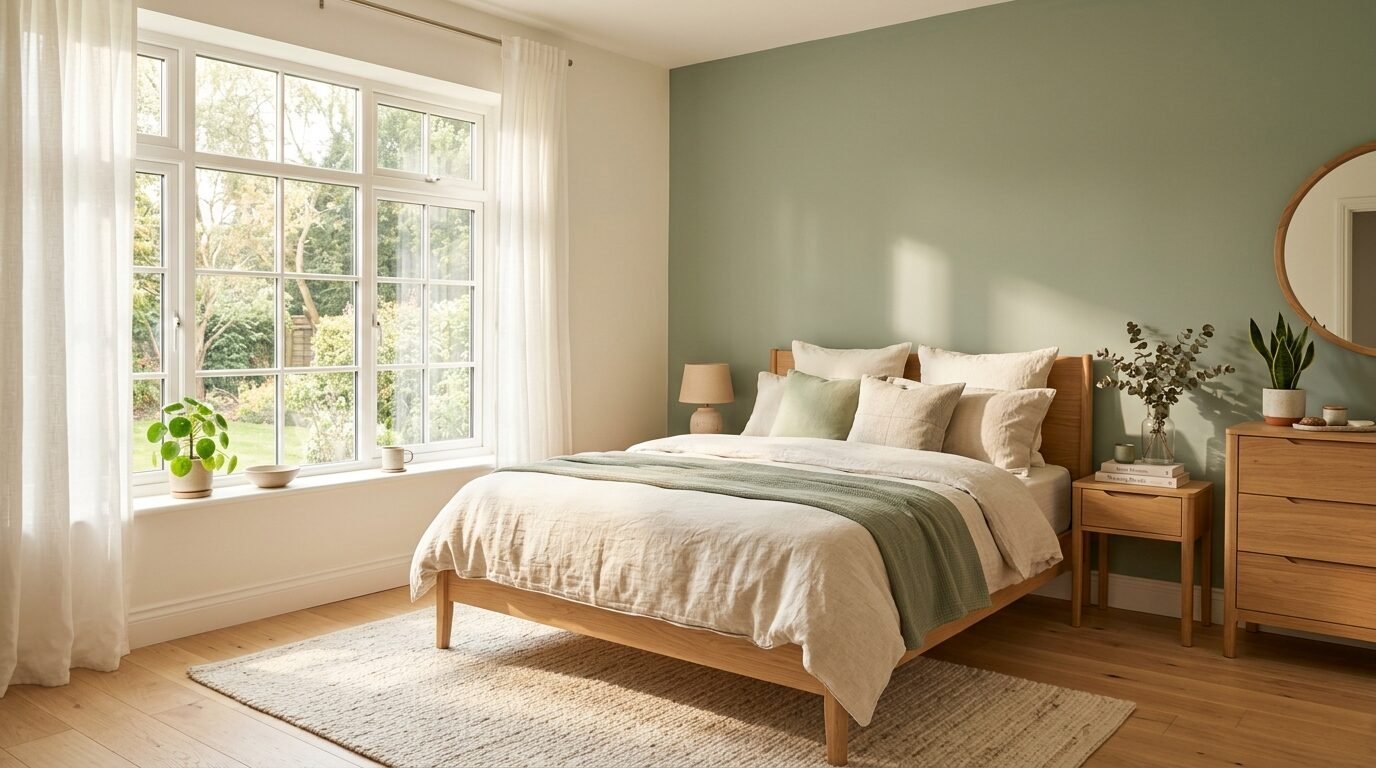 Modern bedroom with oak furniture, light linen bedding, and sage green accent wall near a large bright window.