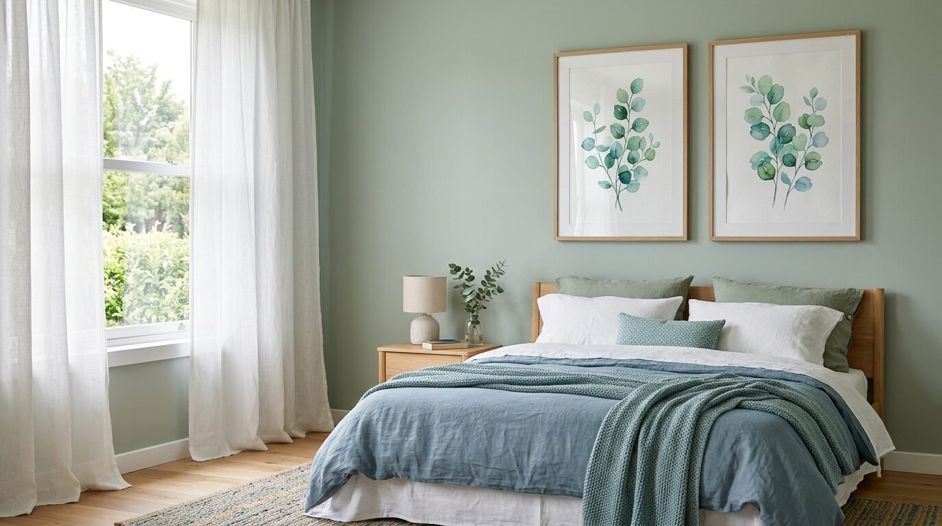 A serene bedroom featuring a blue linen duvet, natural wood bed frame, and two framed eucalyptus watercolor prints.