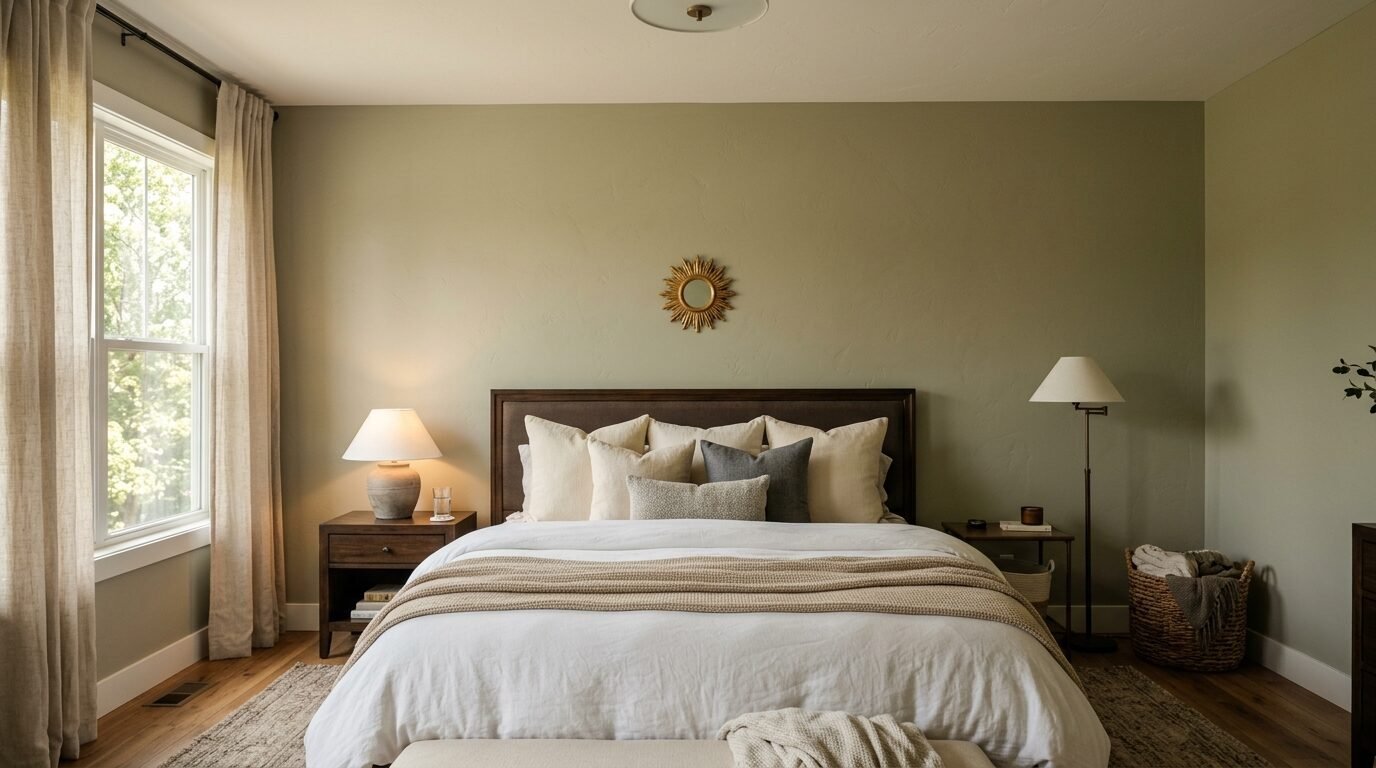 King size bed with white bedding and beige throw in a room with light green walls and a small gold sunburst mirror.