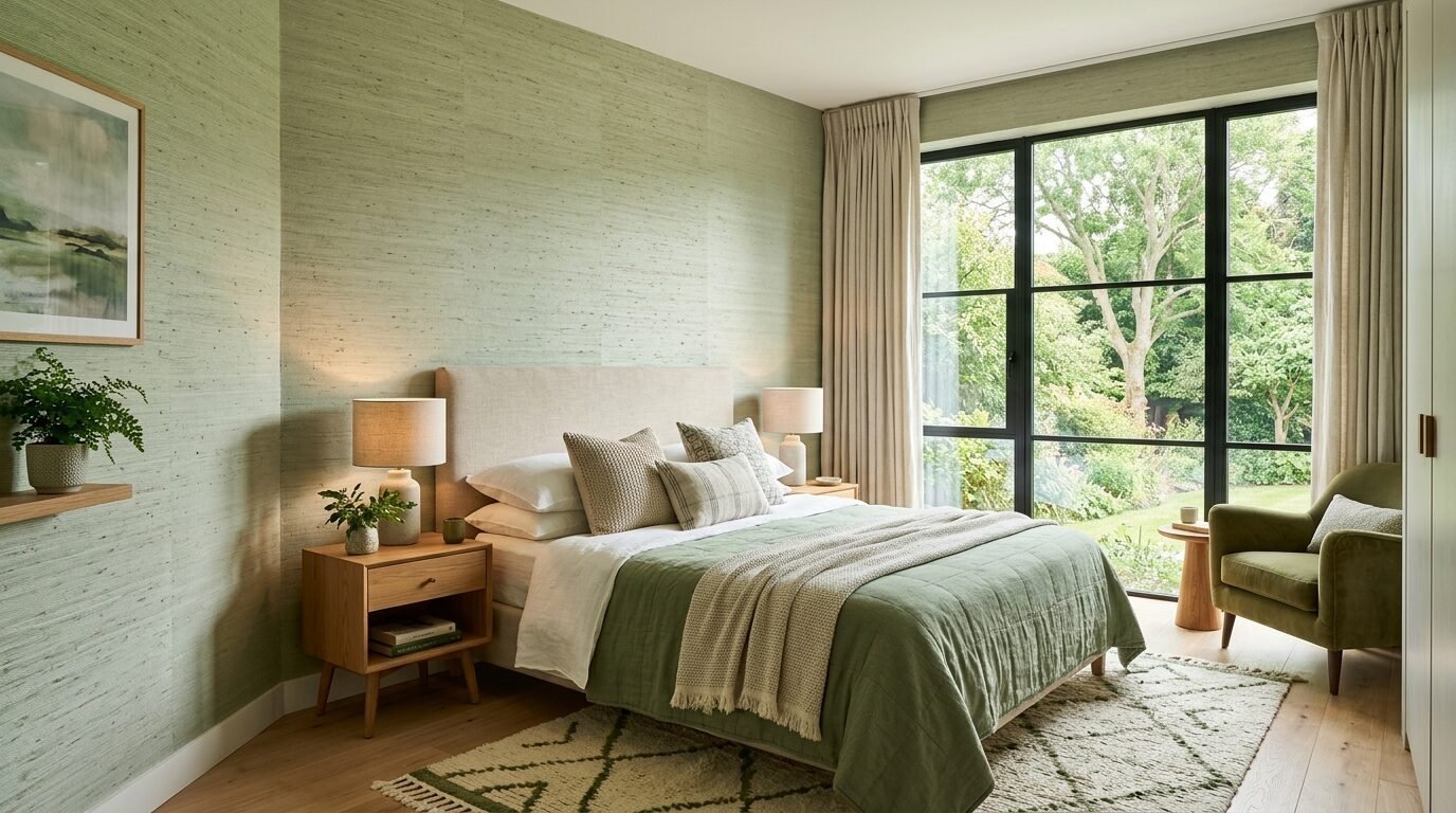 Modern bedroom with green textured wallpaper, a double bed, and a large window looking out at trees.