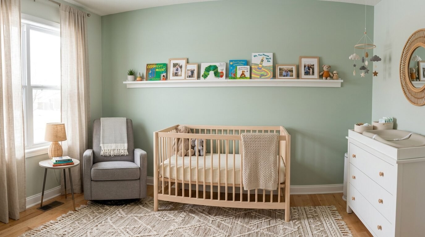 Neutral baby nursery with a light wood crib, grey rocking chair, and a floating shelf styled with children's books.