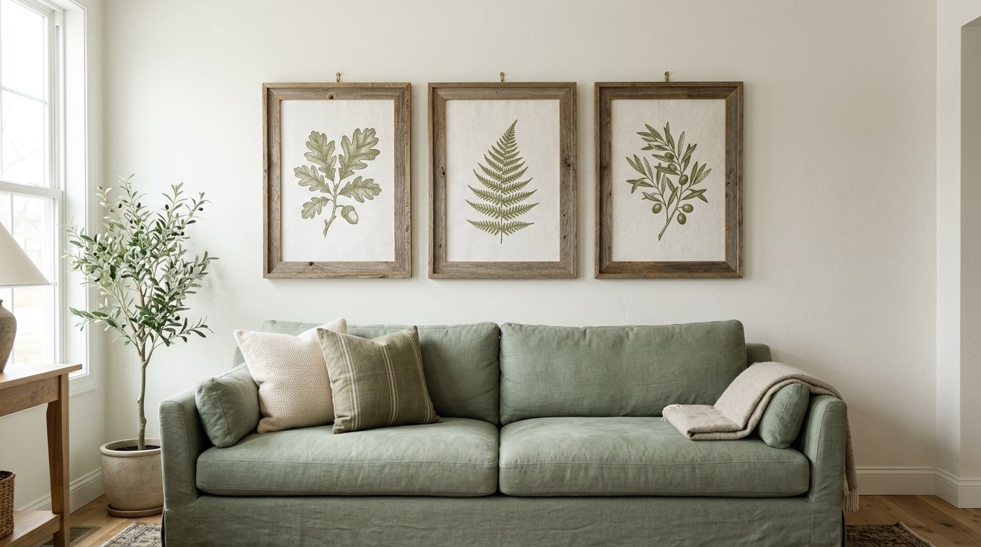 A sage green couch with accent pillows sits below a trio of rustic wood-framed wall art prints featuring plants.