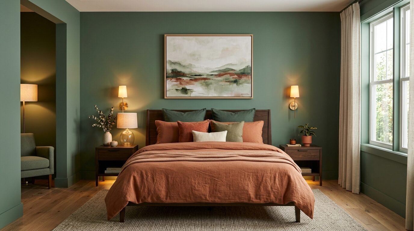 A bedroom features sage green walls, a wooden bed with terracotta linens, wall sconces, and an abstract landscape painting.