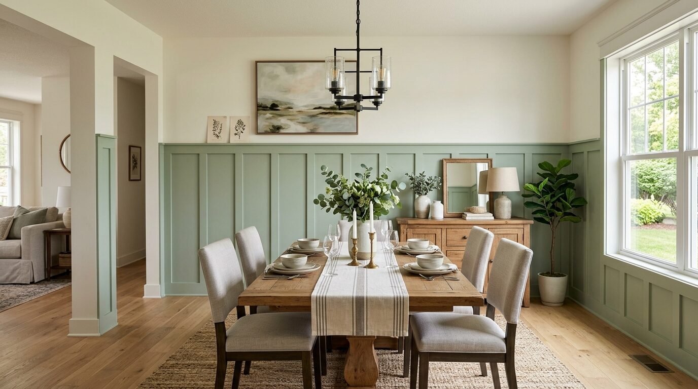 Modern dining area features a wood table with a striped runner, gray chairs, and light green paneled wall trim.