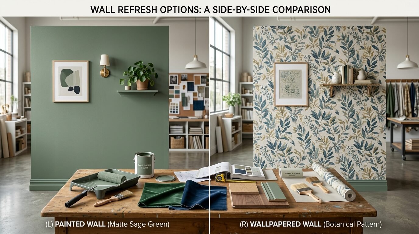 Split view showing a matte sage green painted wall next to a wall covered in botanical leaf-print wallpaper.