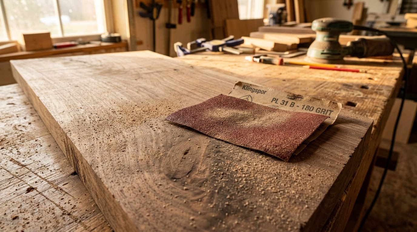 Close-up of a piece of sandpaper on a rustic wooden board inside a carpenter workshop.