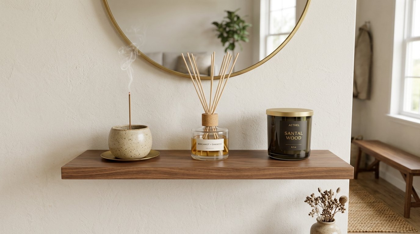 Incense stick, reed diffuser, and sandalwood candle arranged on a floating walnut shelf beneath a circular mirror.