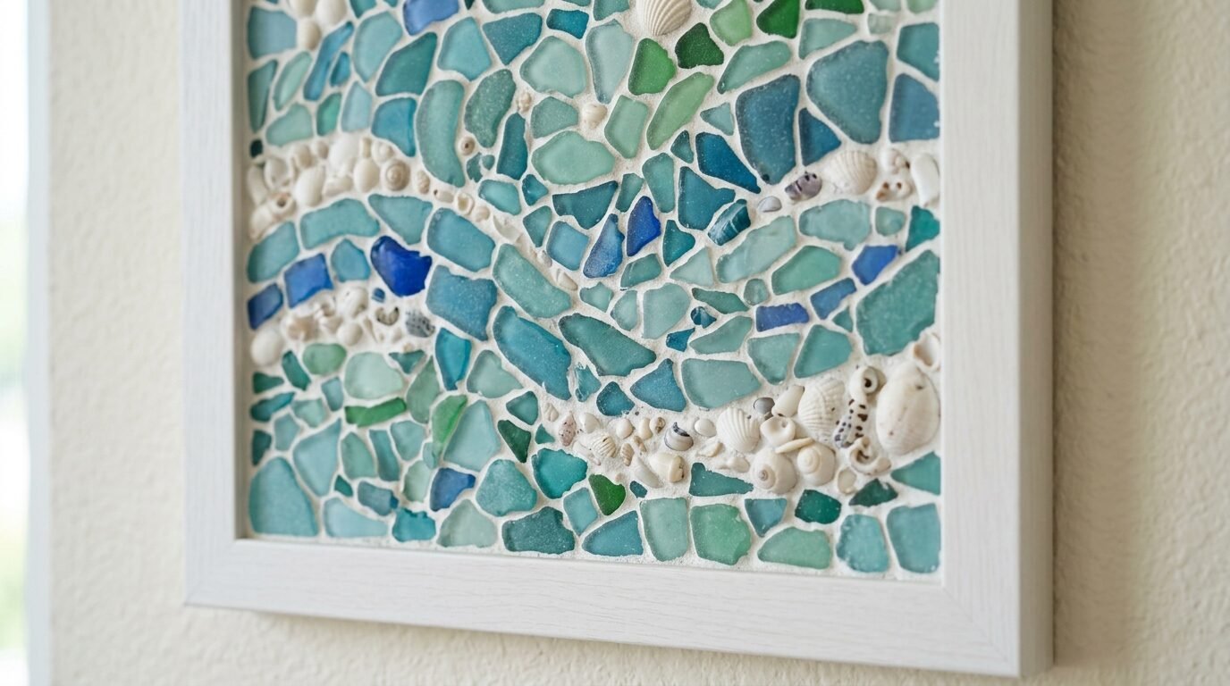 Close up of a white framed wall hanging featuring blue, green, and turquoise sea glass with small white shell accents.