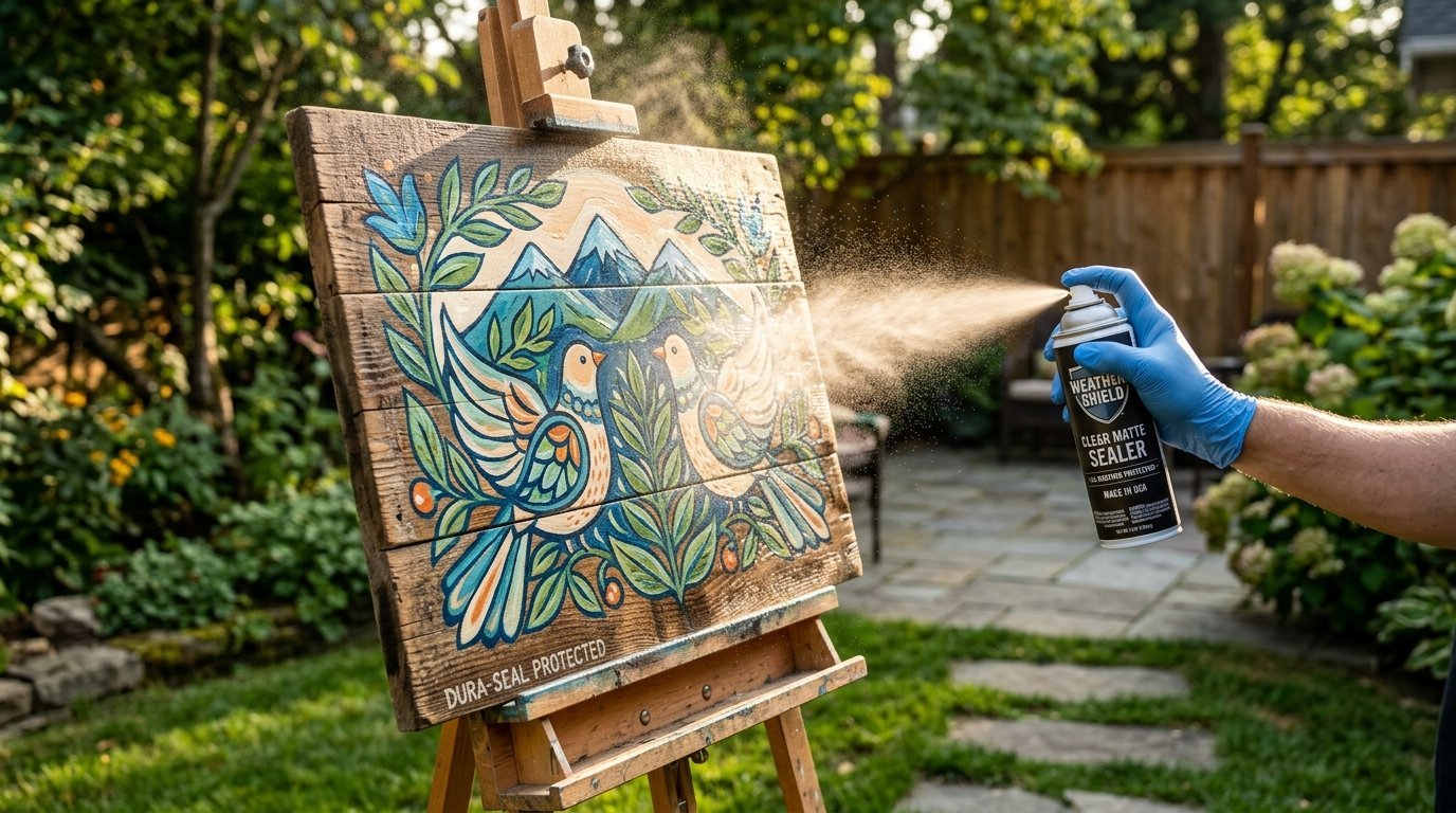 A person in a blue glove sprays clear protective sealer onto a wood board featuring a painted bird and mountain scene.