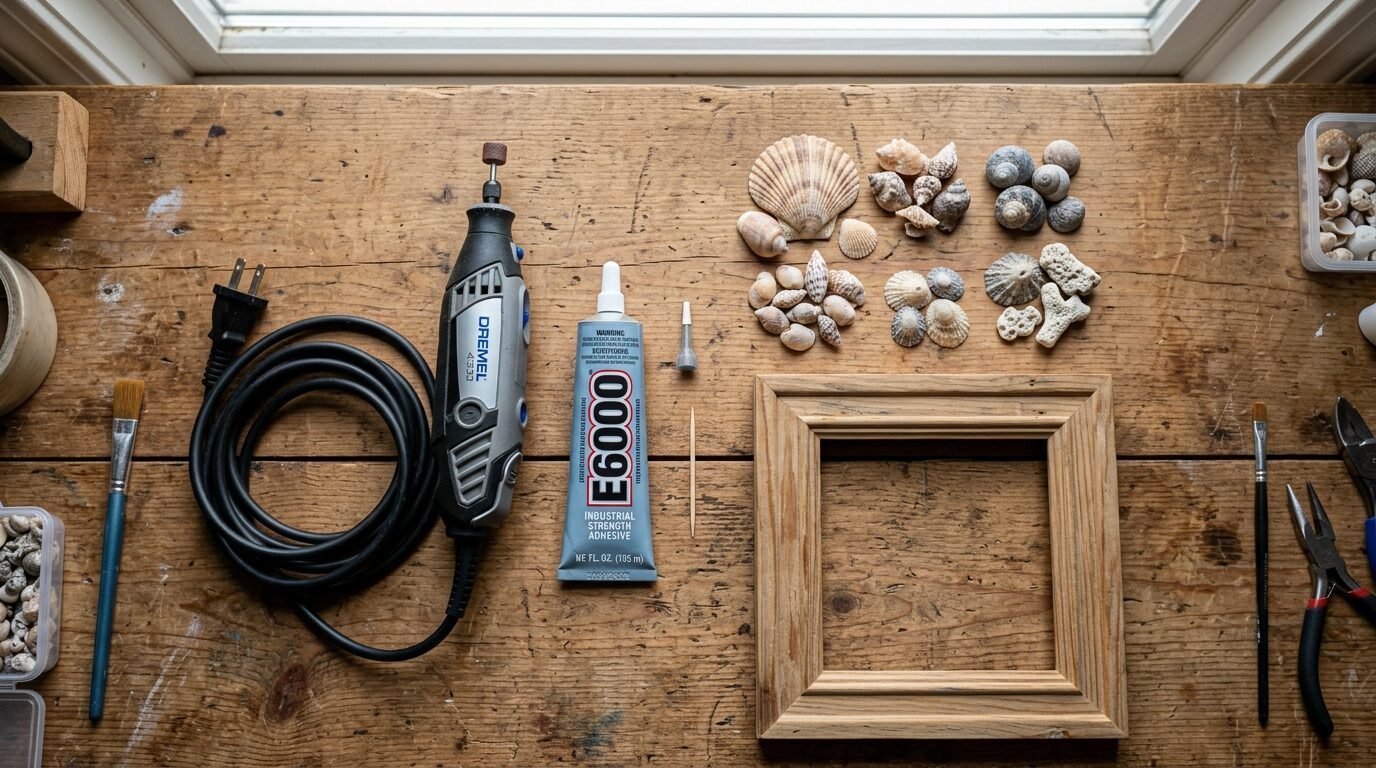 Top view of a wooden workbench with a Dremel, E6000 glue, small shells, and a wooden frame for a DIY project.