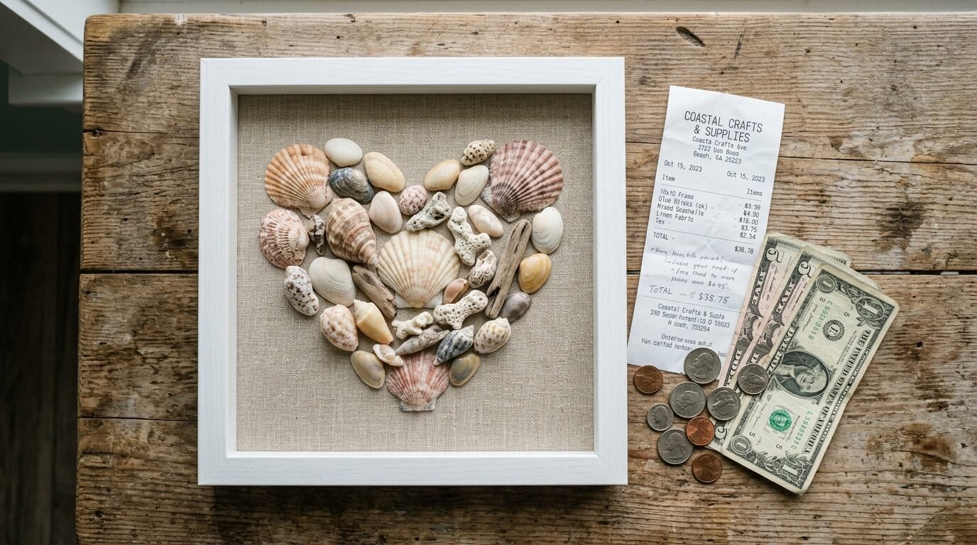 White framed shadow box containing a heart-shaped arrangement of seashells next to currency and a paper receipt.