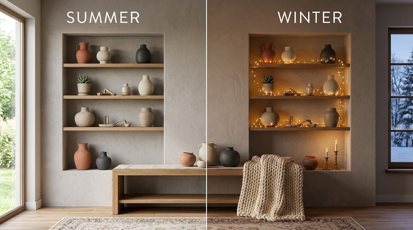 Split screen image showing pottery on shelves styled with greenery for summer and fairy lights for winter.