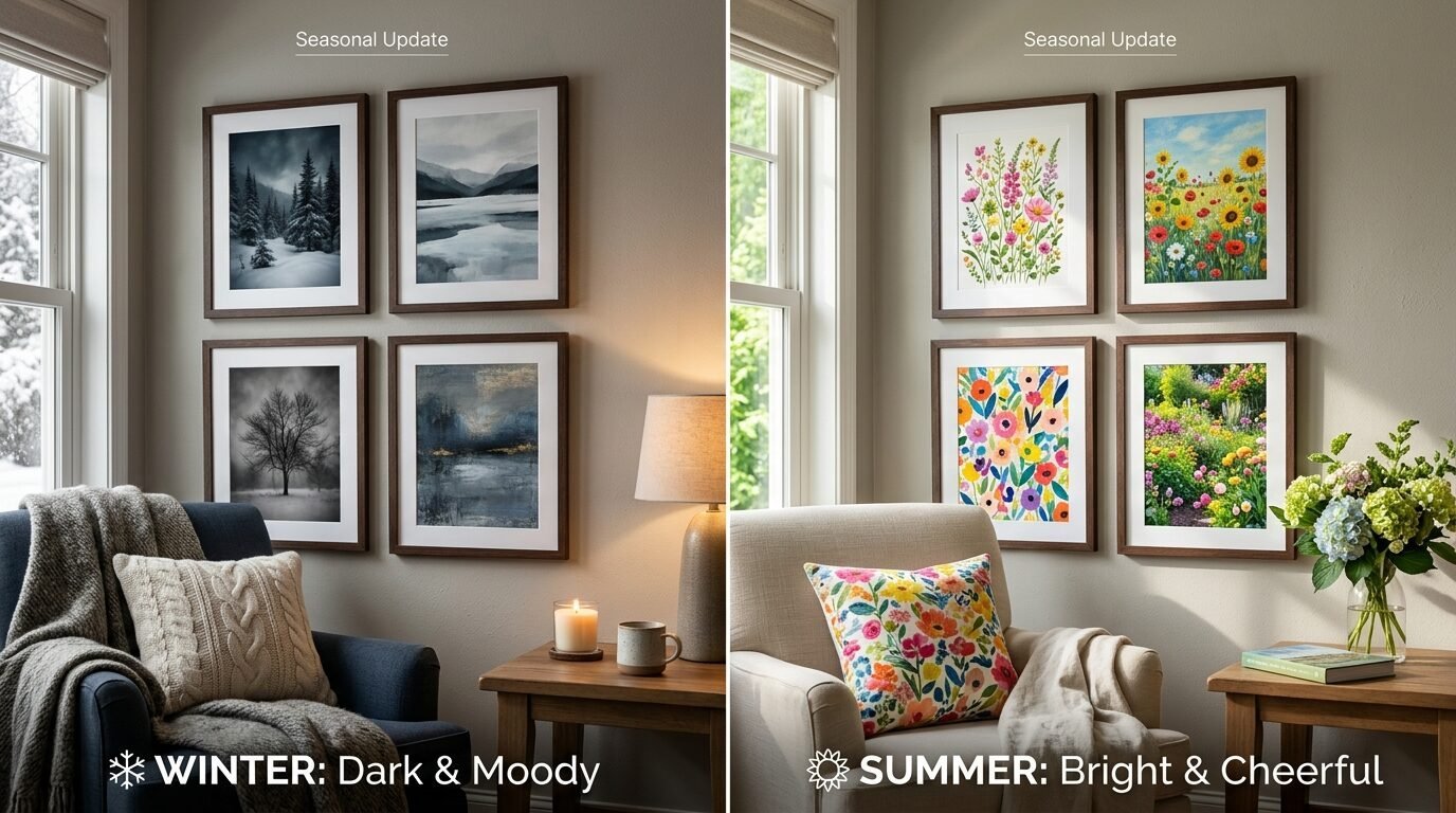 Split image showing a cozy winter living room with moody prints versus a bright summer room with floral artwork.