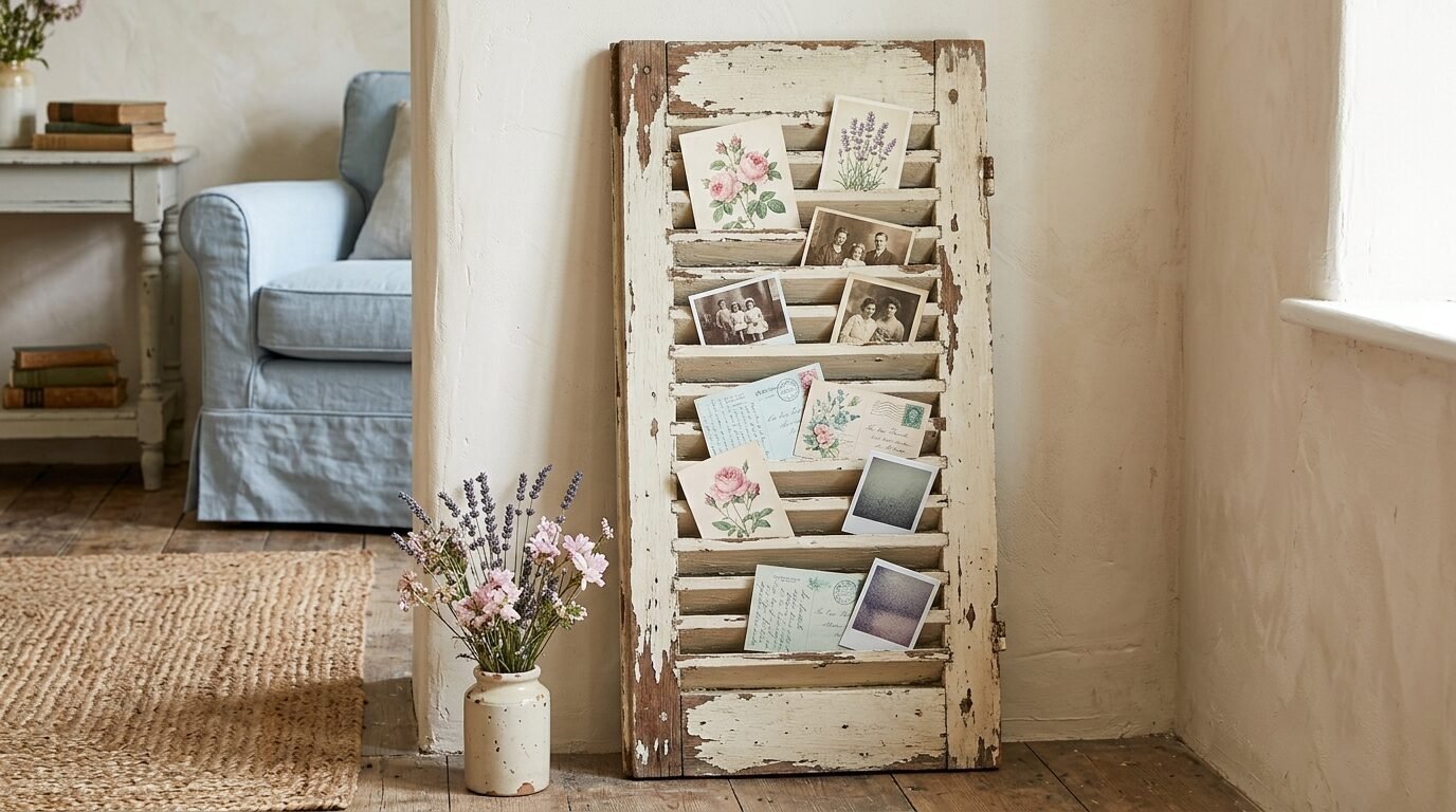 Old chipped white window shutter standing on a wooden floor holding floral cards and black and white photographs.