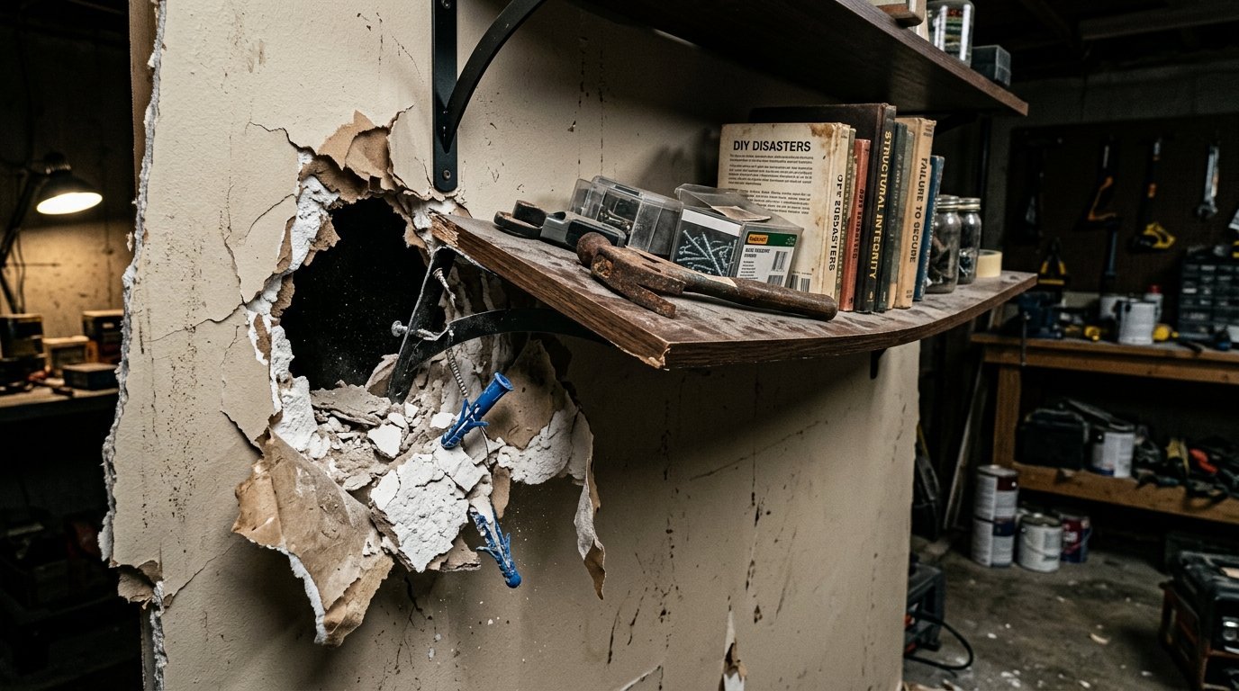 Broken drywall with a detached metal shelf bracket and spilled hardware in a messy workshop.