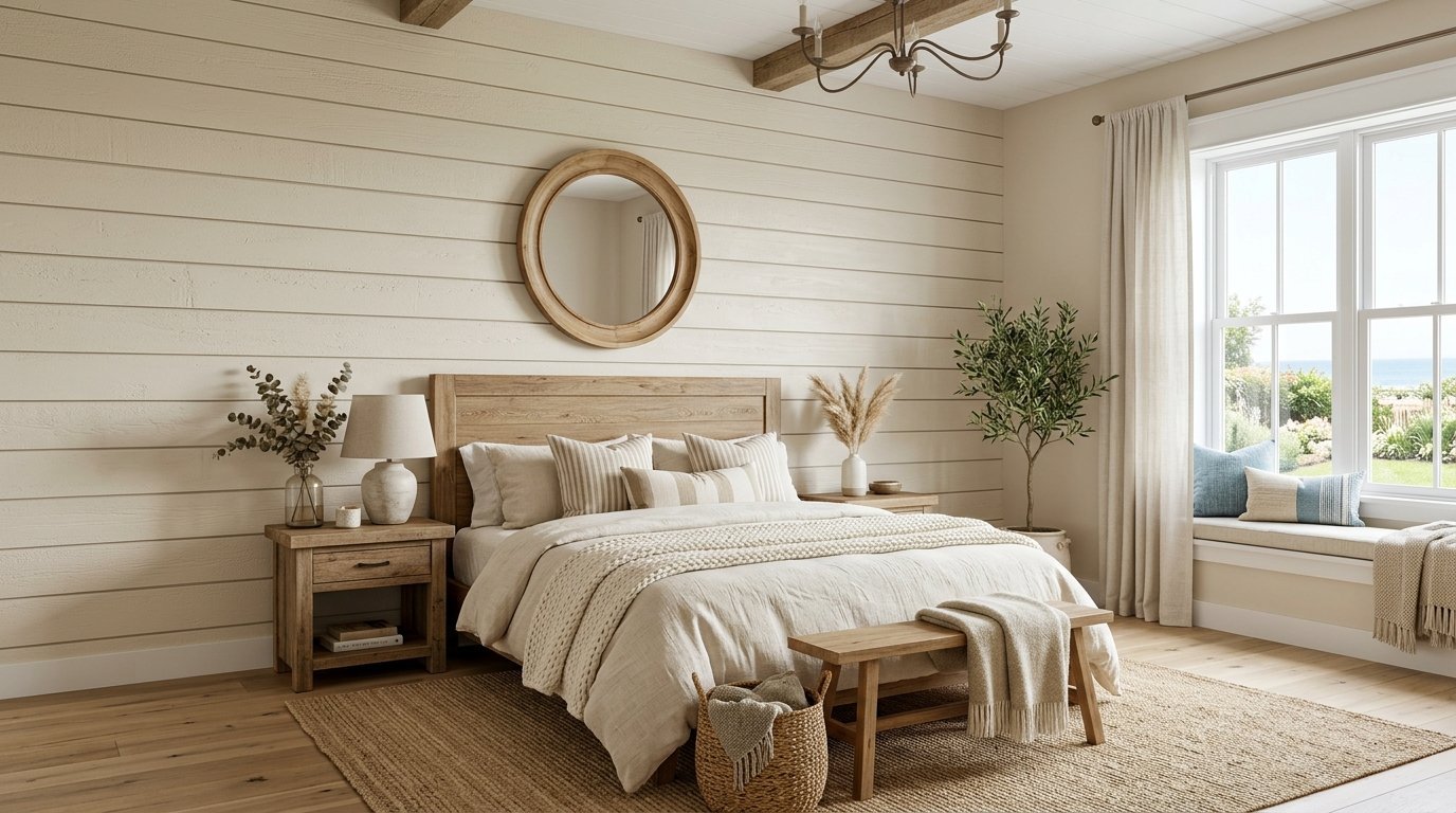 Neutral bedroom with shiplap walls, wood bed frame, round wall mirror, and a cozy window seat overlooking the greenery.