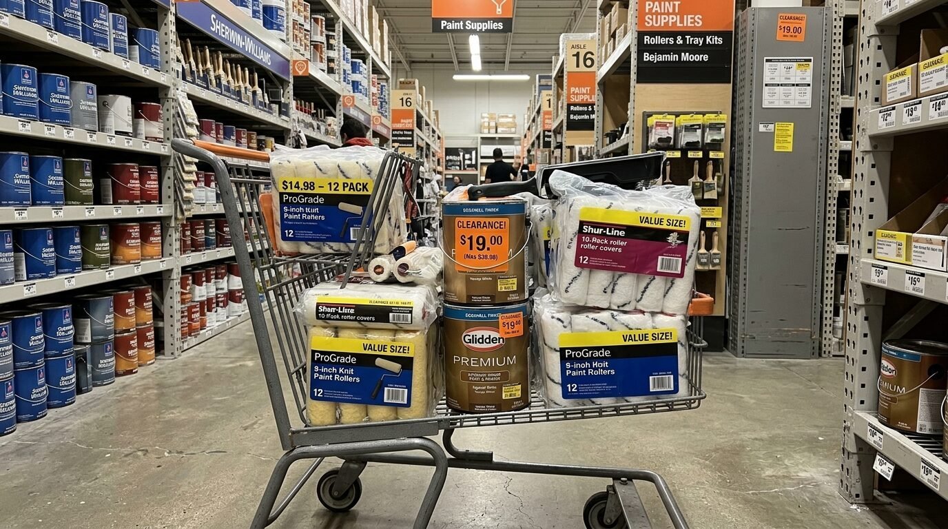 Shopping cart packed with Glidden paint cans and multi-packs of roller covers in a hardware store aisle.